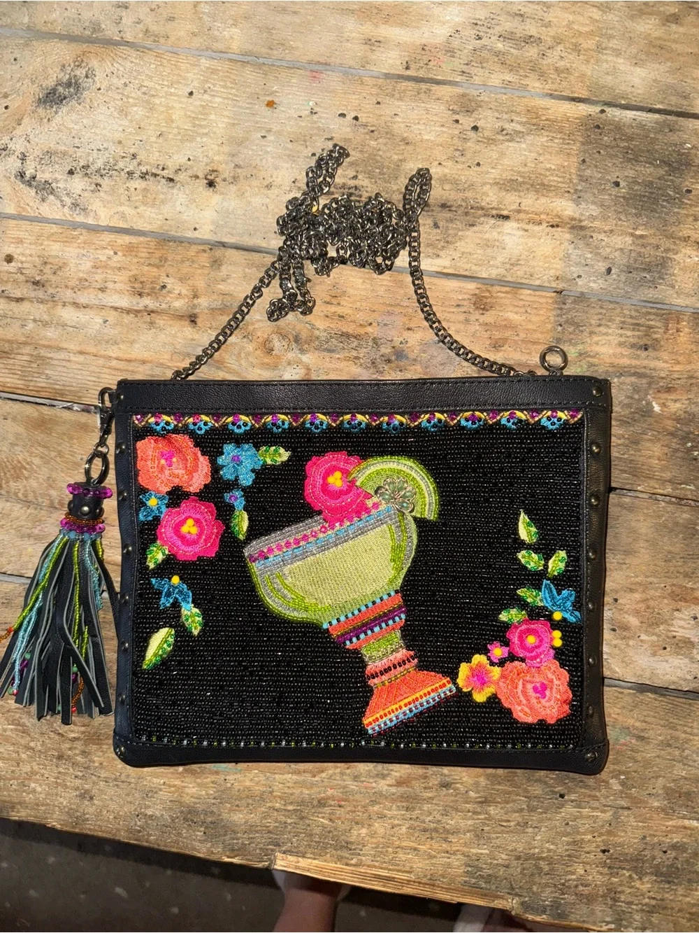 Mary Frances Black Beaded Margarita Crossbody with Multicolor Embroidery